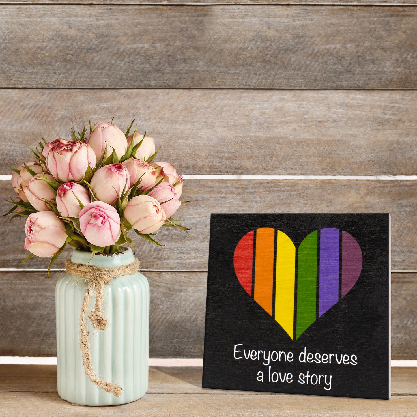 JennyGems Everyone Deserves a Love Story, Rainbow Flag Decorations, Gay Pride Sign, Rainbow Pride Decorations, Gay and Lesbian LGBT Gifts, 5.5x5.5 Inch Wood Sign, LGBTQ Pride Gifts