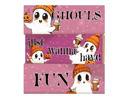 Ghouls Just Wanna Have Fun Cute Girl Ghosts Pink Pumpkin Spice Fall Decor, 3pc Halloween Wooden Block Set, Halloween Decorations