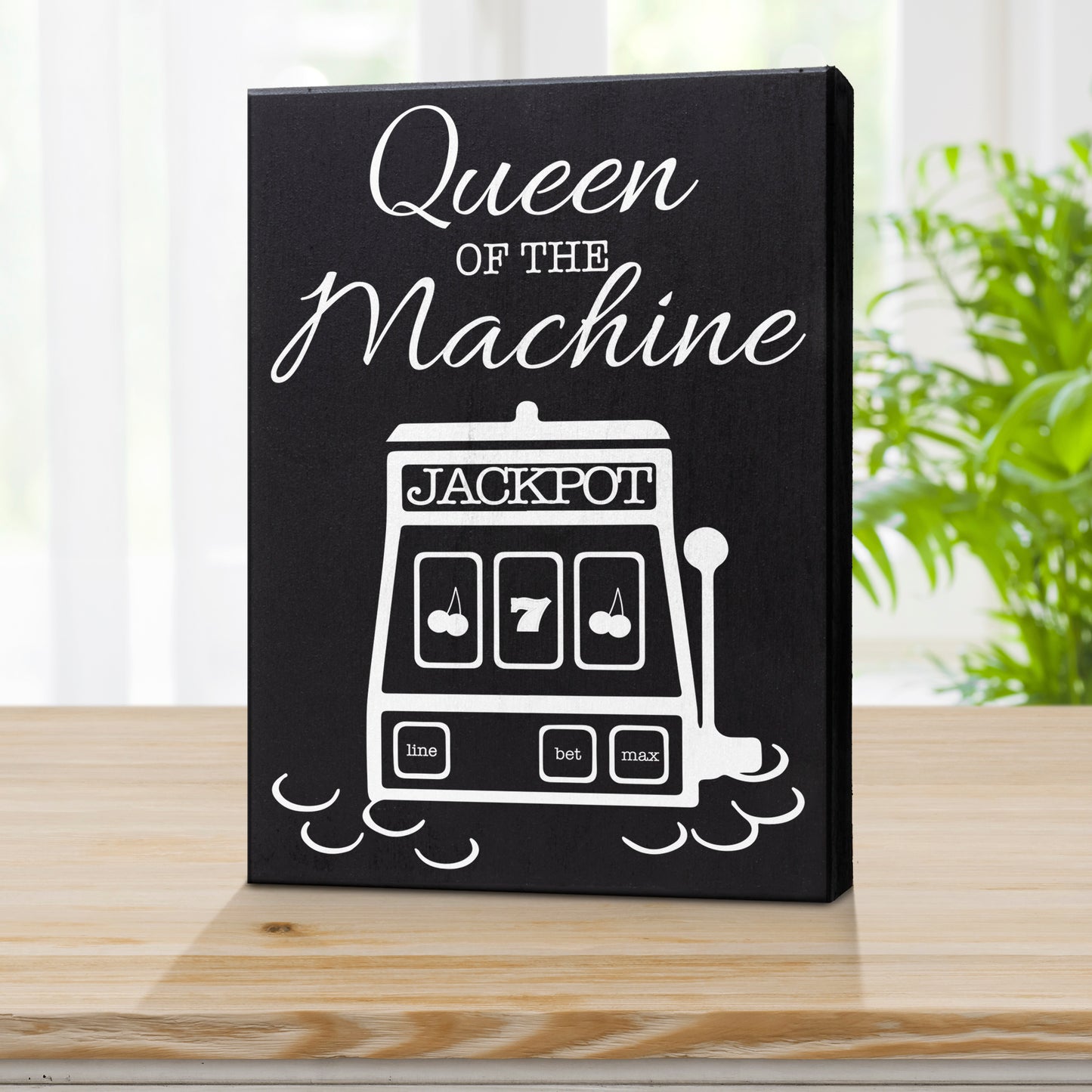 Casino Jackpot Slots Inspired Wood Gift Sign | Queen of the Machine | Slot Machine Keepsake Decoration for Casino Lovers | Made in USA