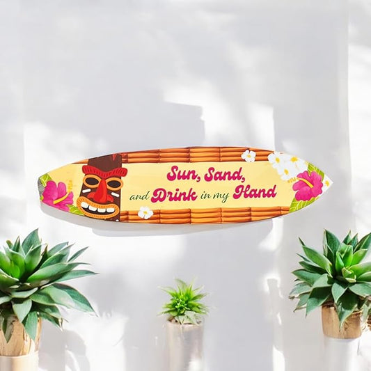 JennyGems Tropical Surfboard and Tiki Bar Sign, Sun Sand Drink in Hand Surfboard Design, Weather Resistant, Beach and Coastal Home Decor