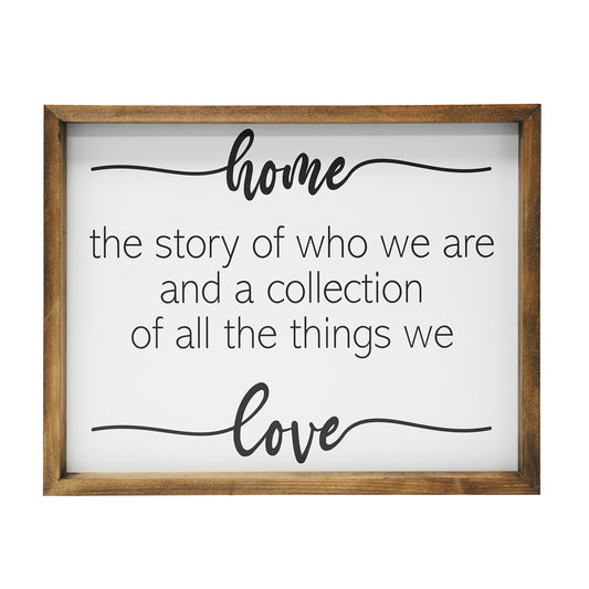 JennyGems Home the Story Of Who We Are and a Collection Of All the Things We Love Framed Wooden Sign, Family Wall Decor, 16 x 20, Farmhouse Love Sign