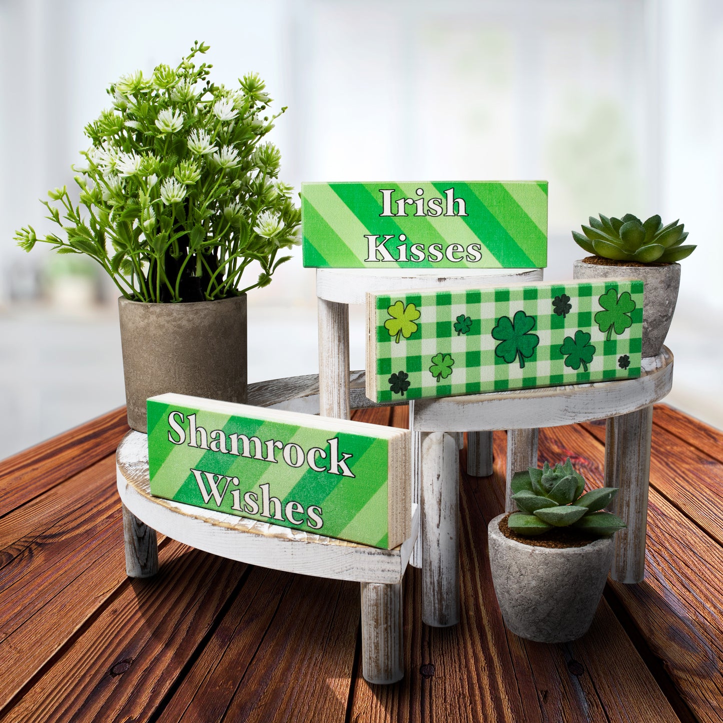 JennyGems St Patricks Day Decorations, Irish Kisses Shamrock Wishes, St Patricks Day Tiered Tray Decor, 3 Piece Wooden Block Set, Irish Gifts