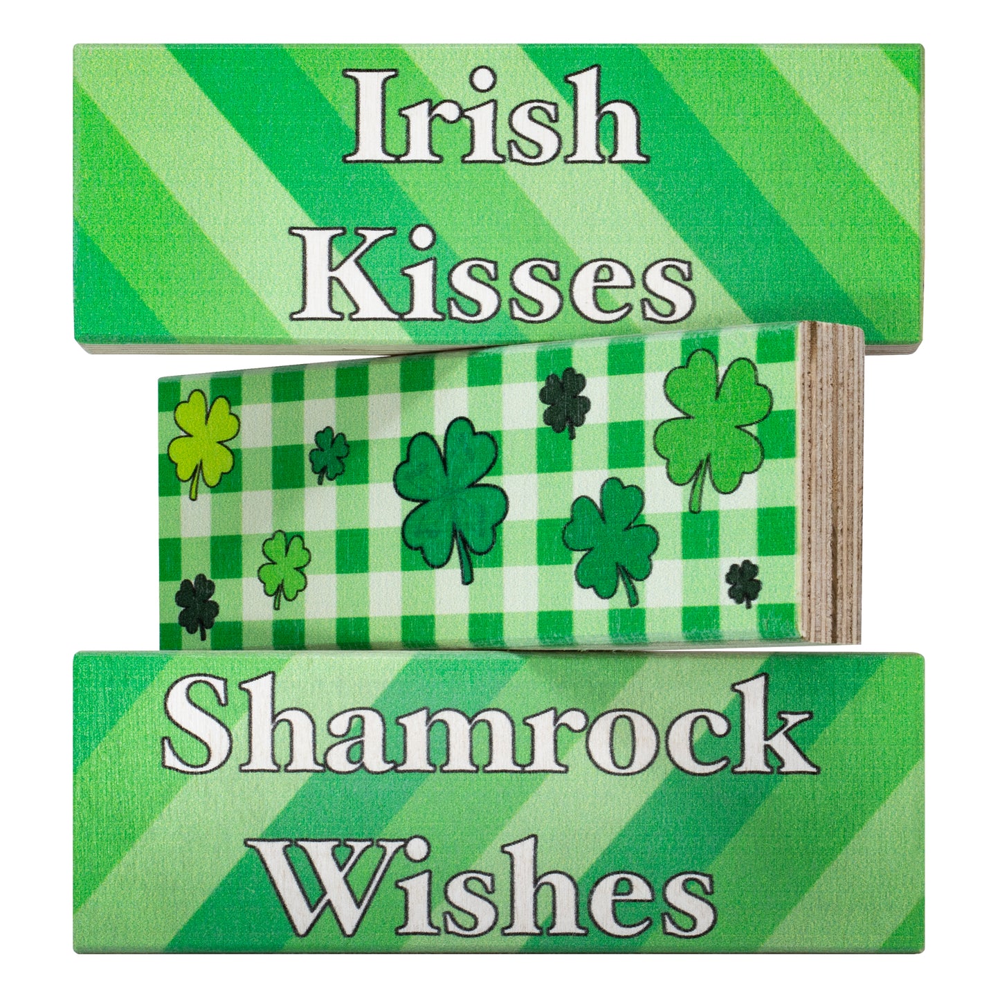 JennyGems St Patricks Day Decorations, Irish Kisses Shamrock Wishes, St Patricks Day Tiered Tray Decor, 3 Piece Wooden Block Set, Irish Gifts