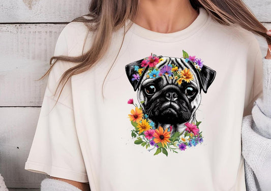 Pug Mom Gift Tshirt, Gift for Pug Lover, Pretty Floral Pug Tshirt