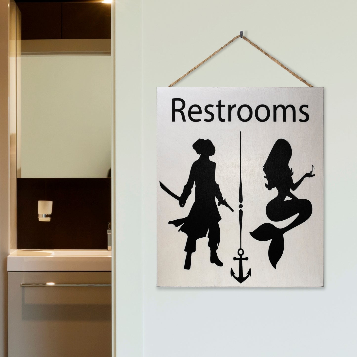 JennyGems Restrooms Sign, Pirates and Mermaids, 10x12 inches, Unisex Bathroom Sign, Restroom Decor, Funny Bathroom Signs, Beach Bathroom Wall Art, American Made