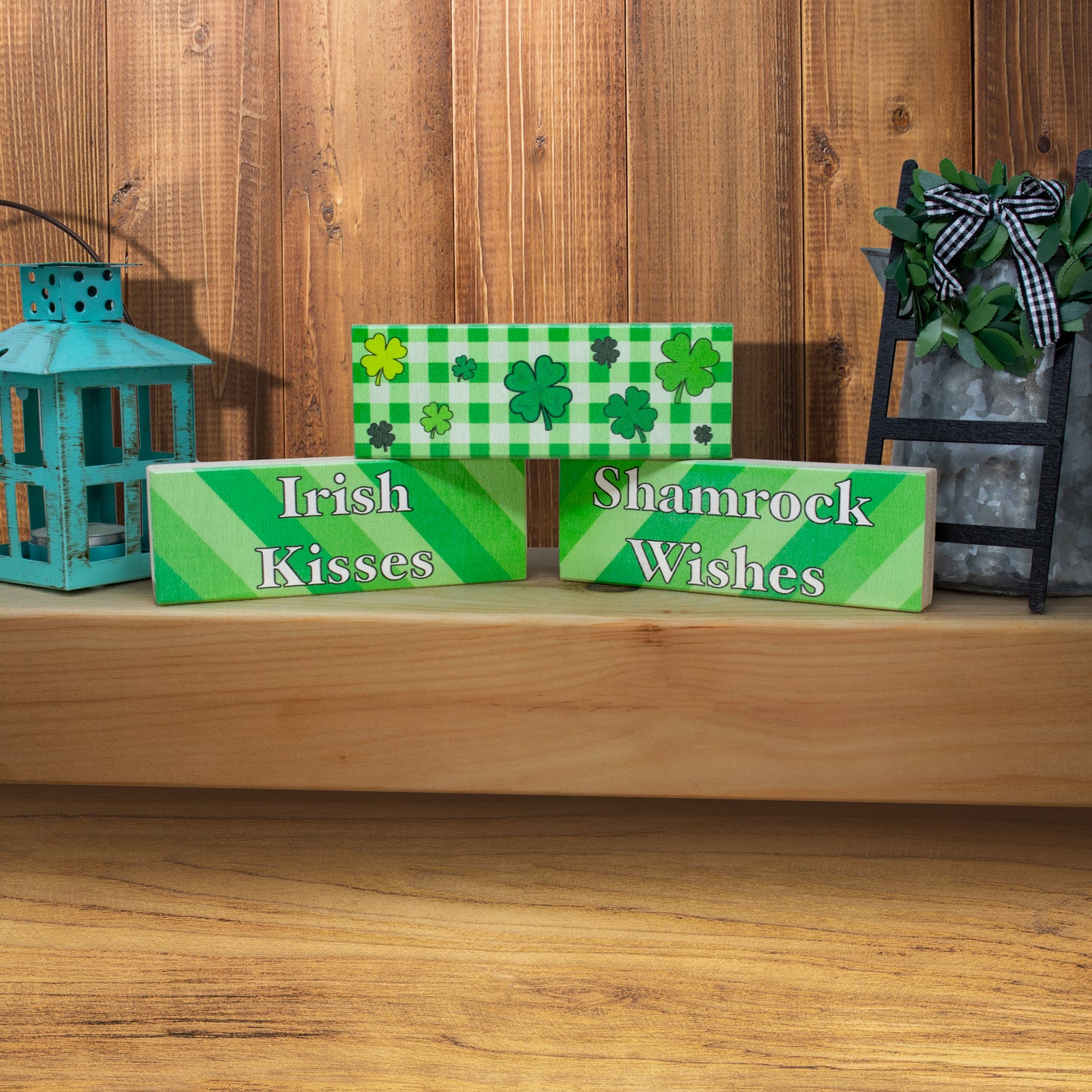 JennyGems St Patricks Day Decorations, Irish Kisses Shamrock Wishes, St Patricks Day Tiered Tray Decor, 3 Piece Wooden Block Set, Irish Gifts