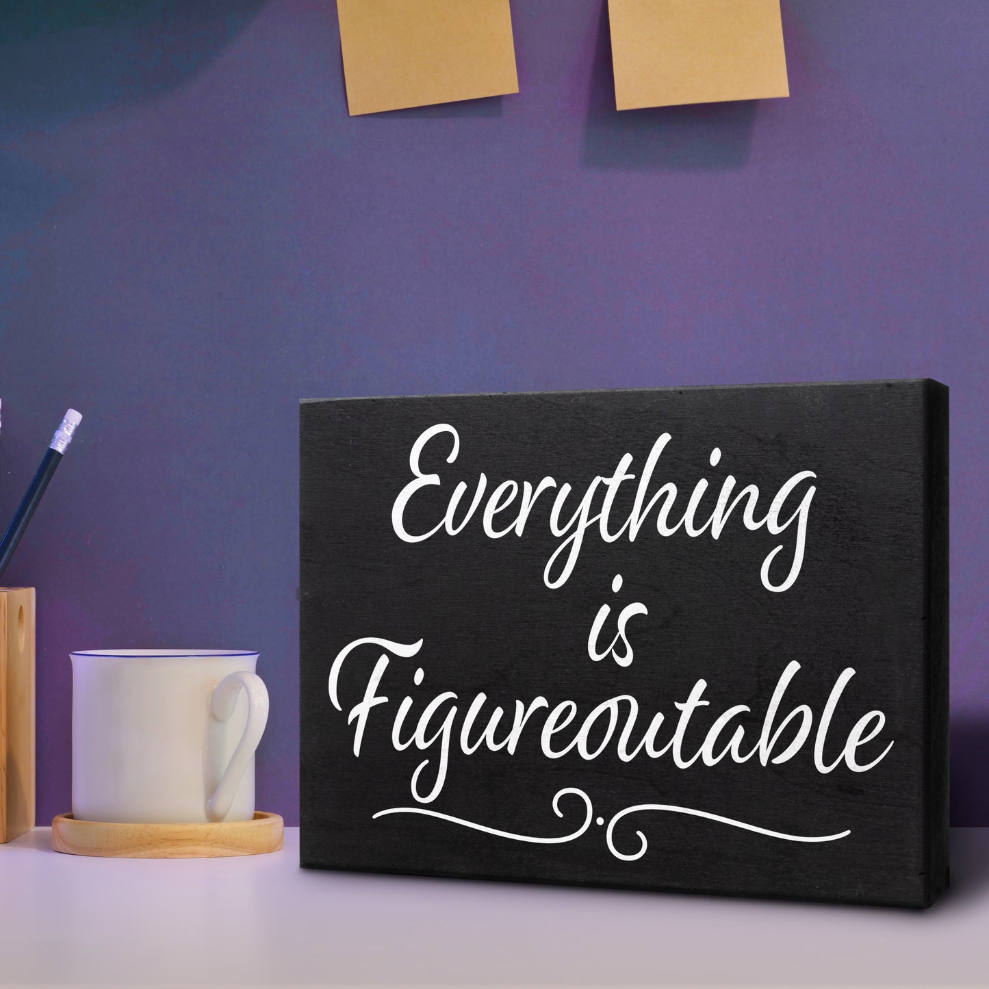 JennyGems Everything Is Figureoutable, Farmhouse Inspirational Wood Sign, Office Decor for Women, Desk Decor Quotes, 8x6 Inches, Office Desk Black Decor, Made in USA