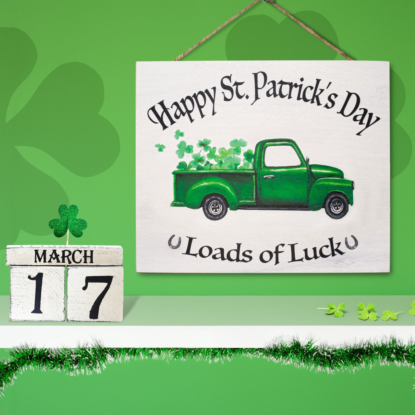 JennyGems St Patrick's Day Decorations, Front Door Welcome Sign, Happy St. Patrick's Day Loads of Luck Wooden Sign, Made in USA