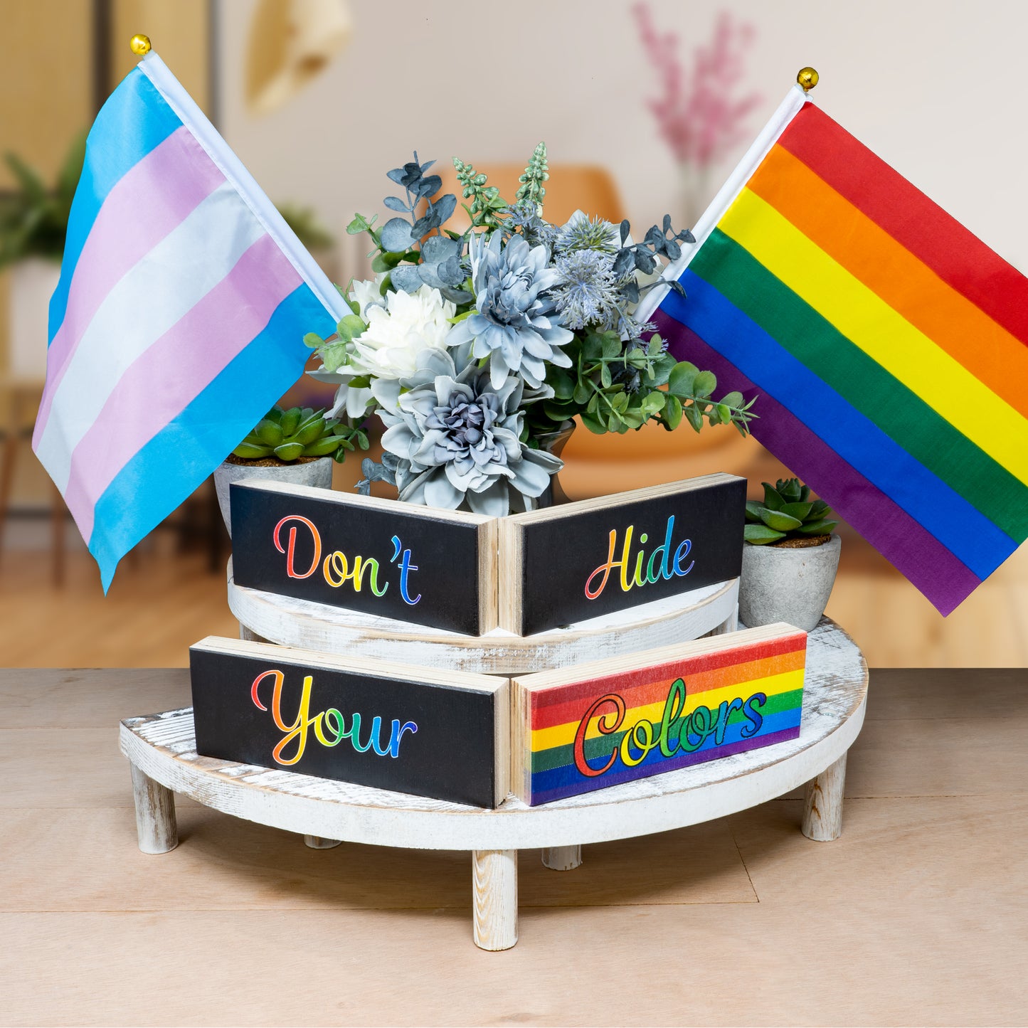 JennyGems LGBT Gifts, Don't Hide Your Colors 4 Piece Wooden Block Set, Pride Rainbow Tiered Tray Decor, LGBTQ Flag, Gay Pride Signs, Made in USA