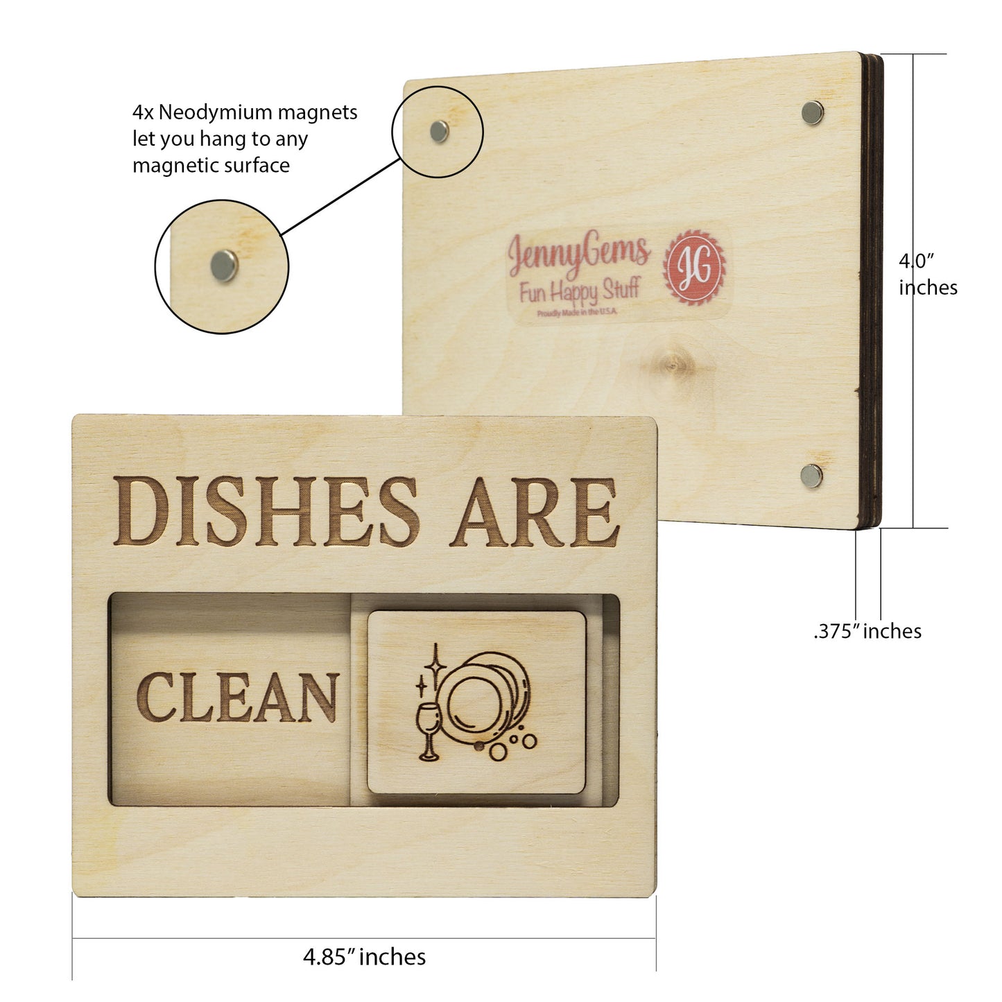 JennyGems Dishwasher Magnet Clean Dirty Sign, Wooden Slider Indicator, Easy to Read Laser Cut Words, Made in USA