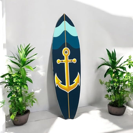 JennyGems Nautical Anchor Surfboard Wall Art, 3 ft x 10 in, Navy Blue and Teal, Indoor Outdoor - Weather Resistant Wall Hanging