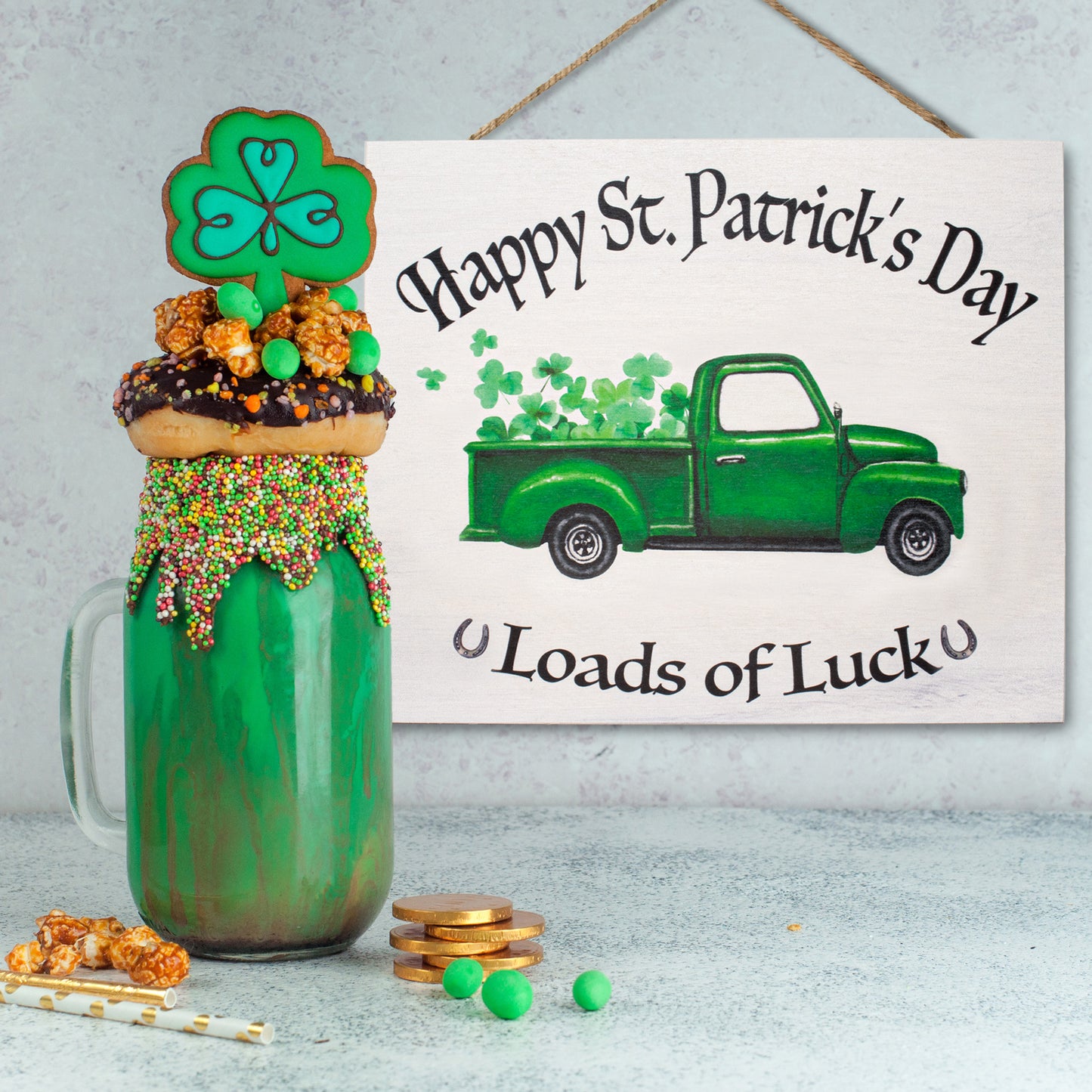 JennyGems St Patrick's Day Decorations, Front Door Welcome Sign, Happy St. Patrick's Day Loads of Luck Wooden Sign, Made in USA