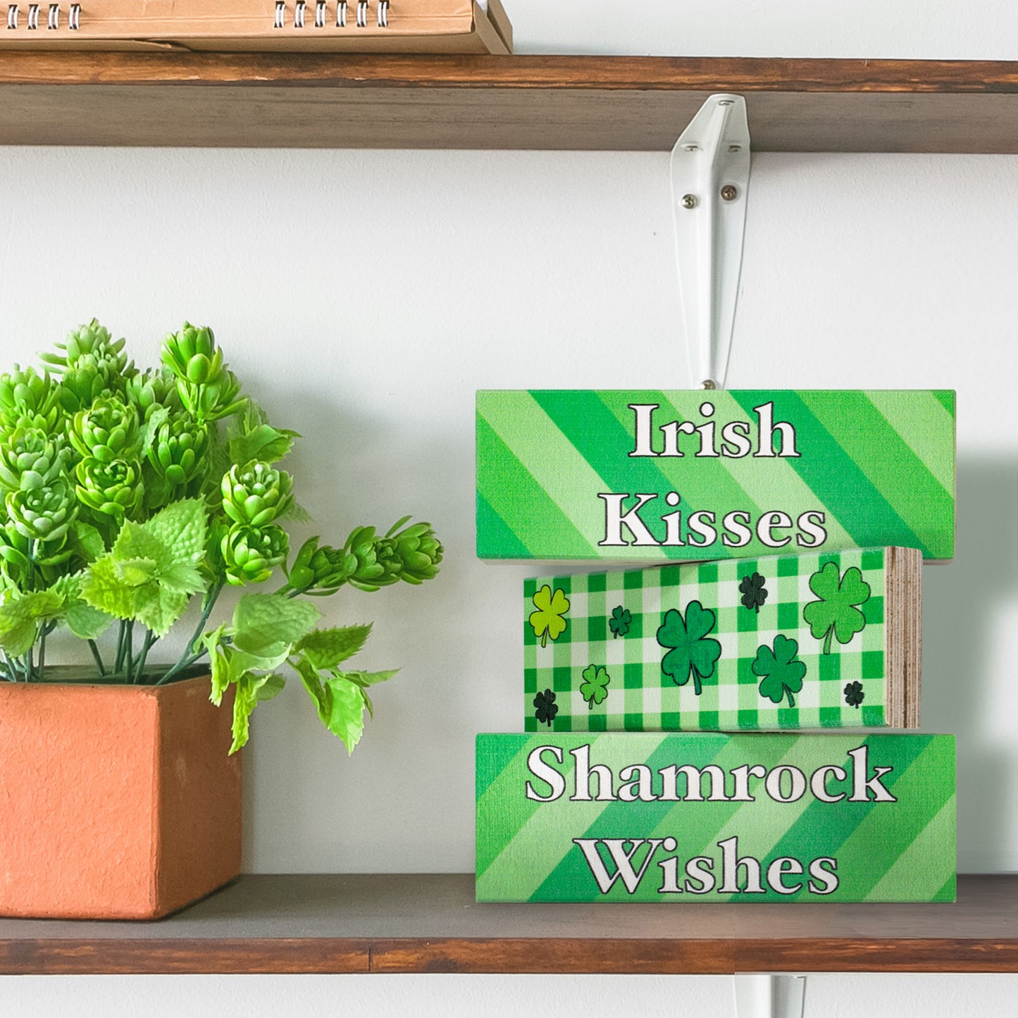 JennyGems St Patricks Day Decorations, Irish Kisses Shamrock Wishes, St Patricks Day Tiered Tray Decor, 3 Piece Wooden Block Set, Irish Gifts