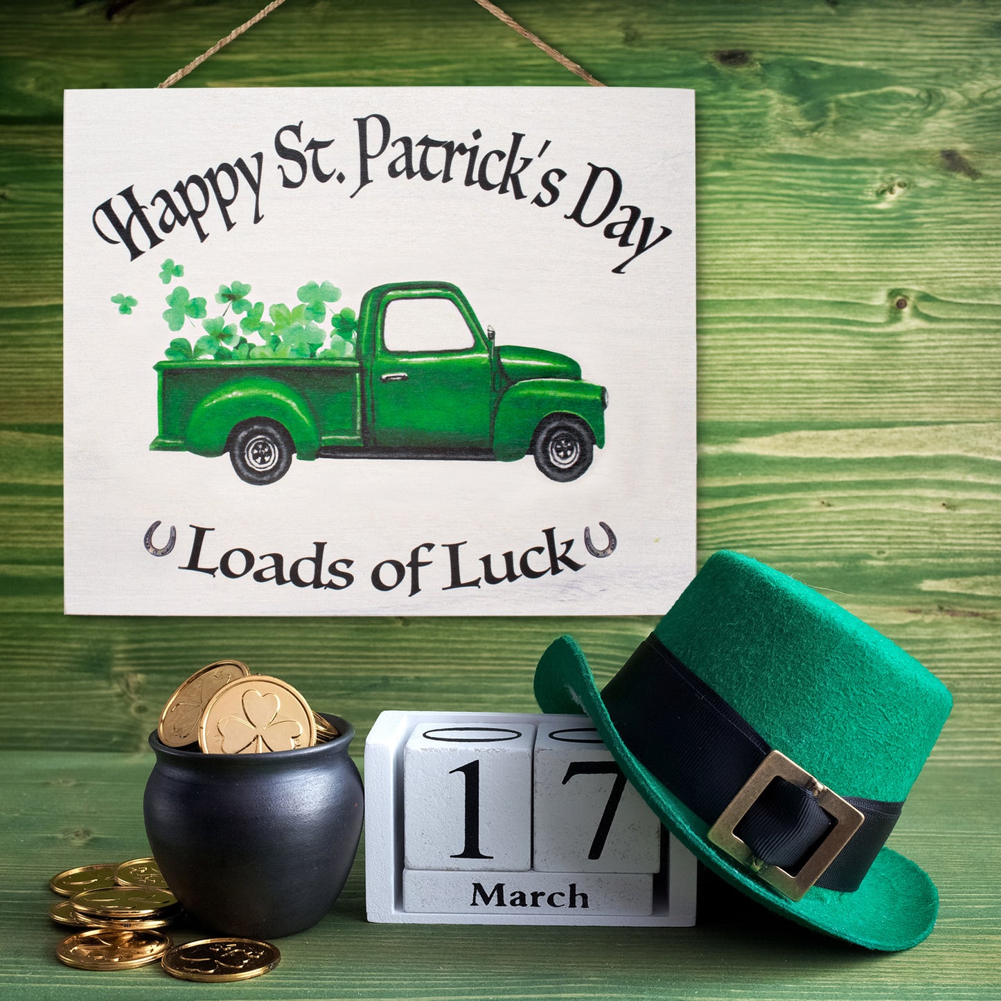 JennyGems St Patrick's Day Decorations, Front Door Welcome Sign, Happy St. Patrick's Day Loads of Luck Wooden Sign, Made in USA