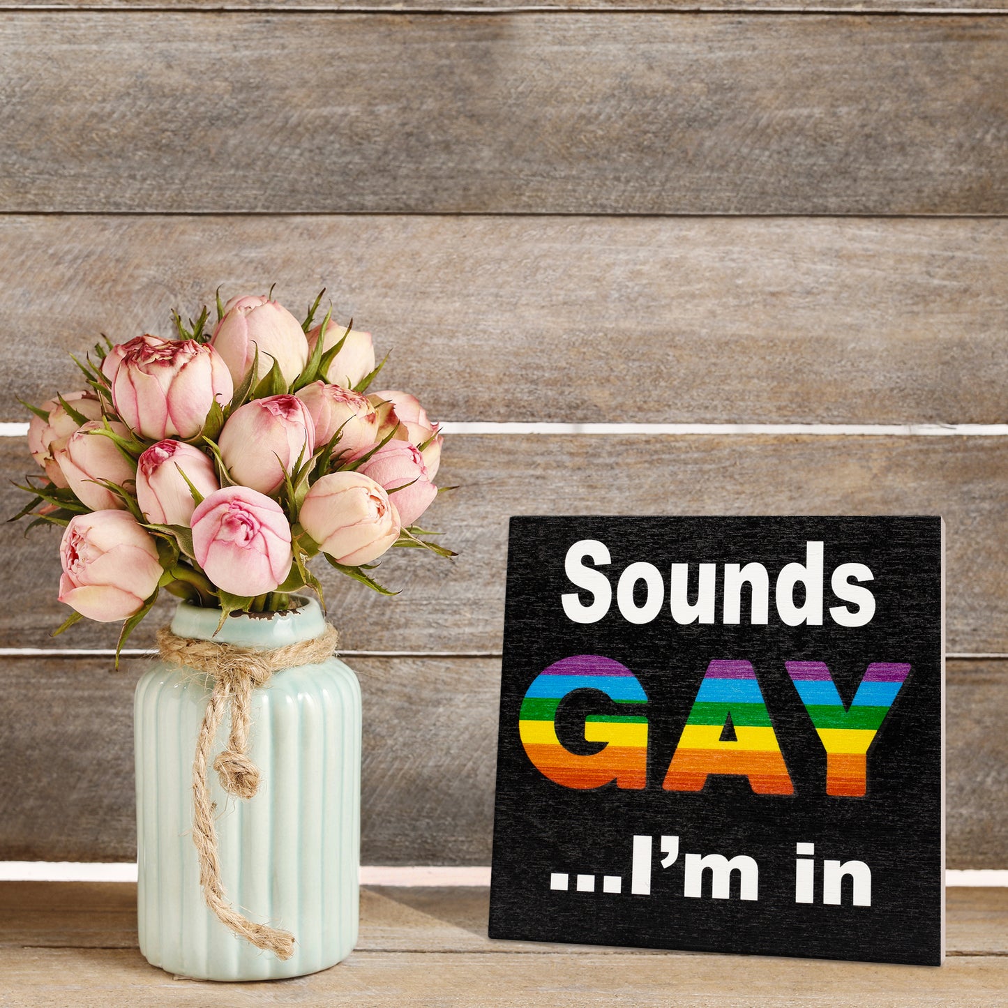 JennyGems Sounds Gay I’m in, Gay Pride Sign, LGBT Gay Lesbian Pride Gifts, Rainbow Pride Flag Sign, 5.5x5.5 Inch Wood Sign, LGBTQ Gifts, Rainbow Flag Decorations, Pride Love, American Made