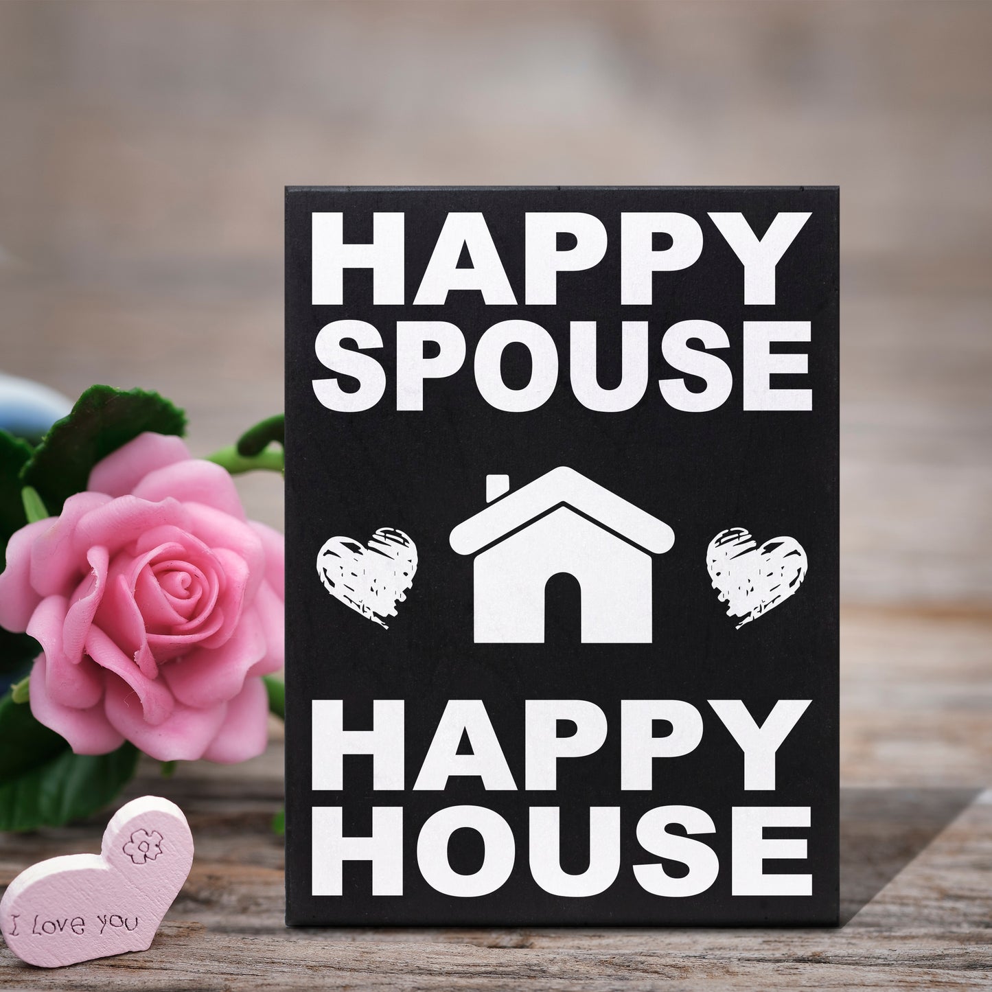 JennyGems Happy Spouse Happy House Wooden Wife Quote Saying Box Sign, Meaningful Gift for Husband, Significant Other, or Wife, Funny Decor, Wedding Gift, Shelf Knick Knacks