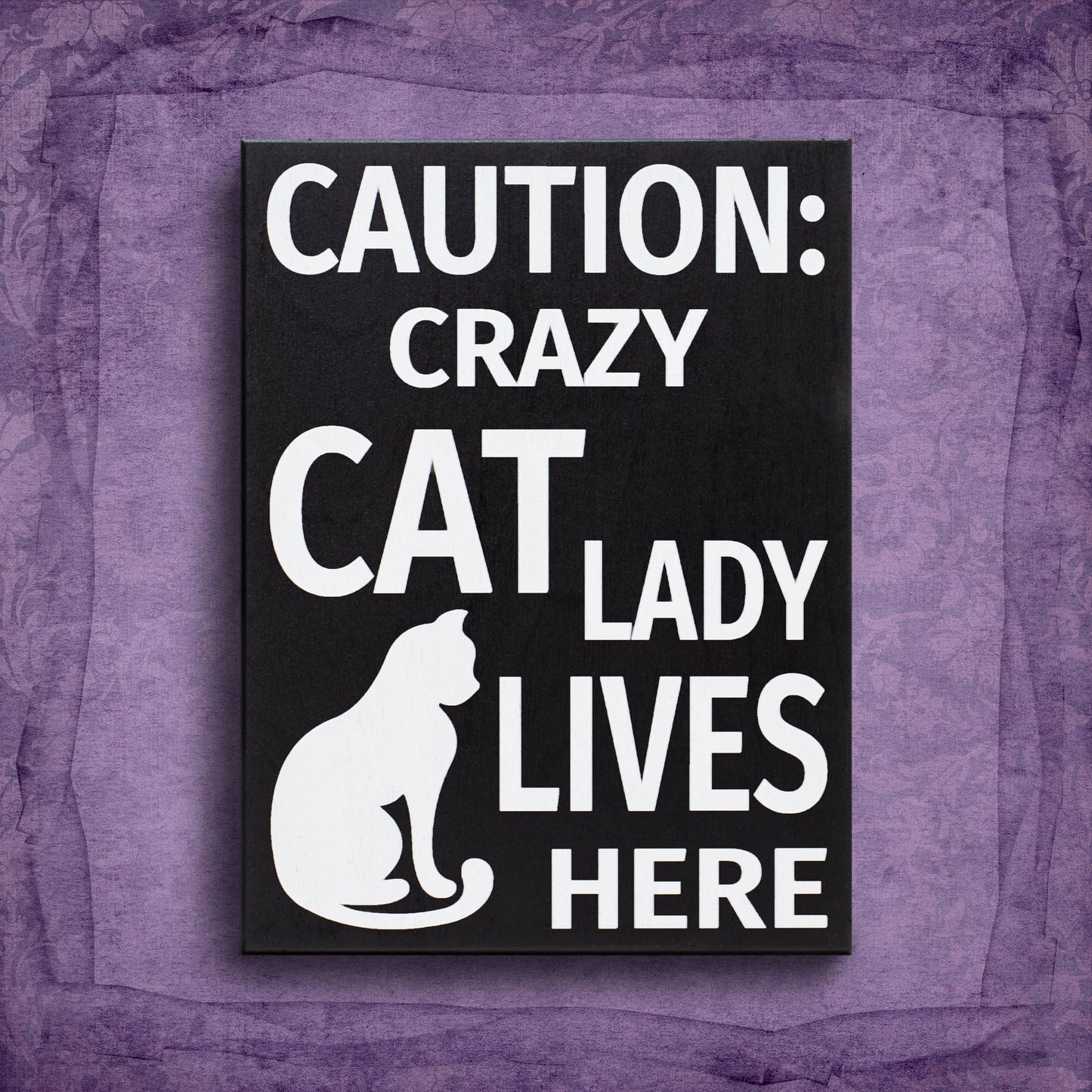 JennyGems Caution Crazy Cat Lady Lives Here Sign, 6x8 Inch Hanging Wall Art, American Made, Cat Lady Decor, Funny Cat Signs