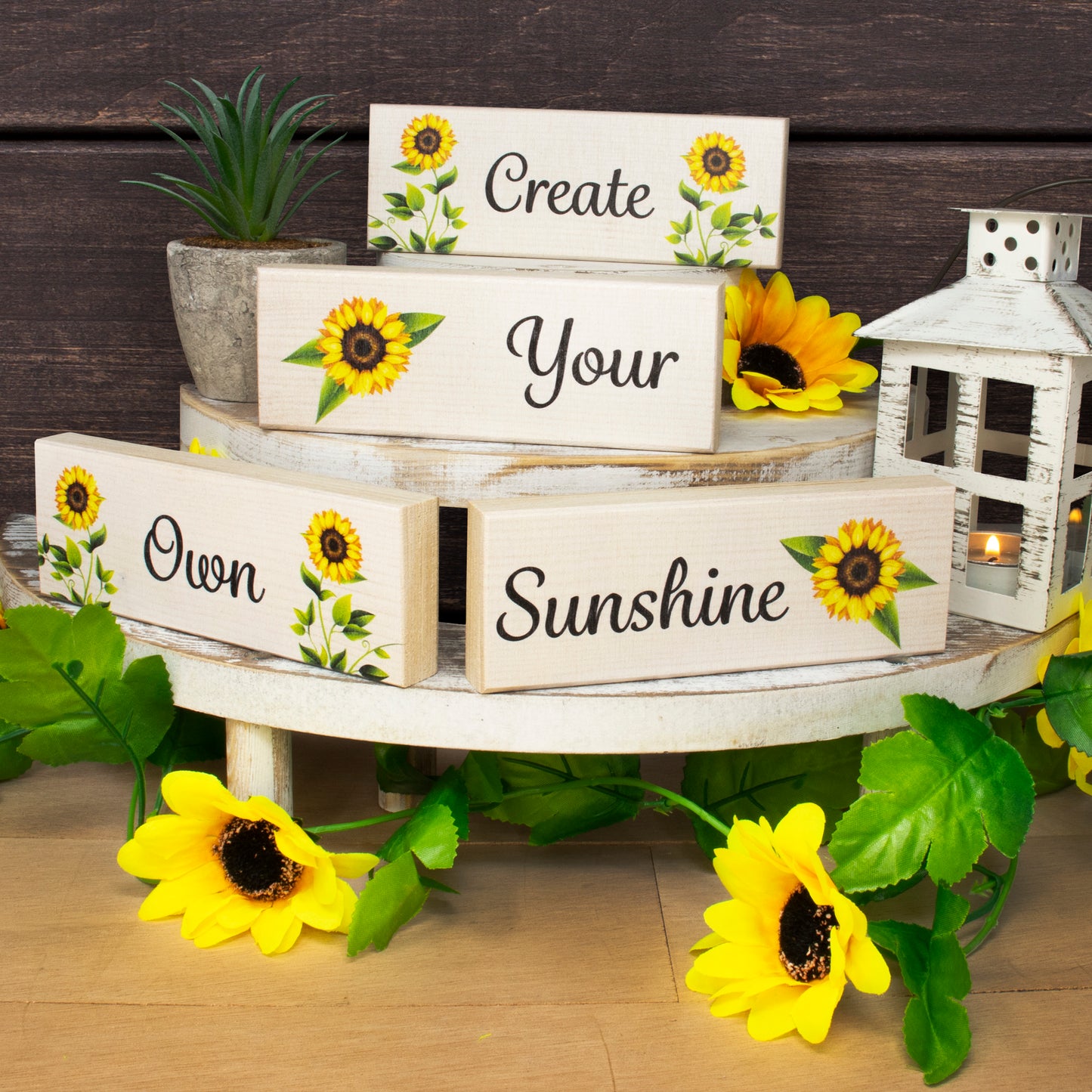 JennyGems Sunflower Sunshine Decor Signs Gifts, Create Your Own Sunshine, Modern Farmhouse Tiered Tray, Tabletop Centerpiece Decoration Accent, Made in USA