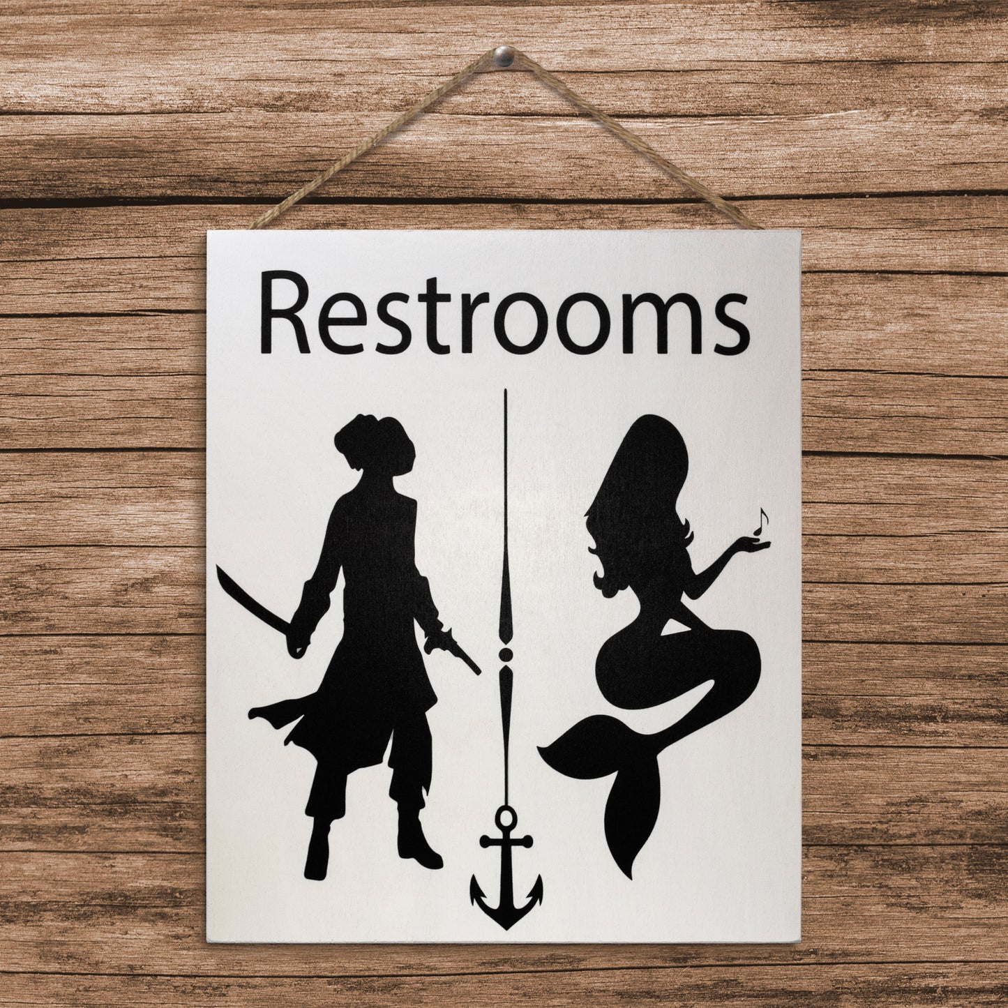 JennyGems Restrooms Sign, Pirates and Mermaids, 10x12 inches, Unisex Bathroom Sign, Restroom Decor, Funny Bathroom Signs, Beach Bathroom Wall Art, American Made