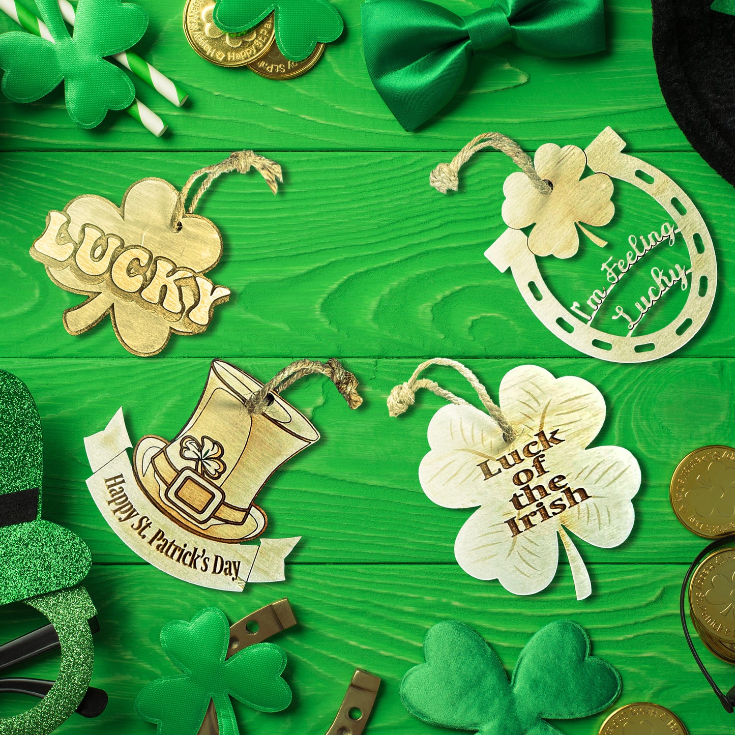 JennyGems St. Patrick's Day Wooden Ornament Bundle, Set of 4 Unfinished Ornaments for DIY Crafts, Irish Decor and Gifts, Made in USA