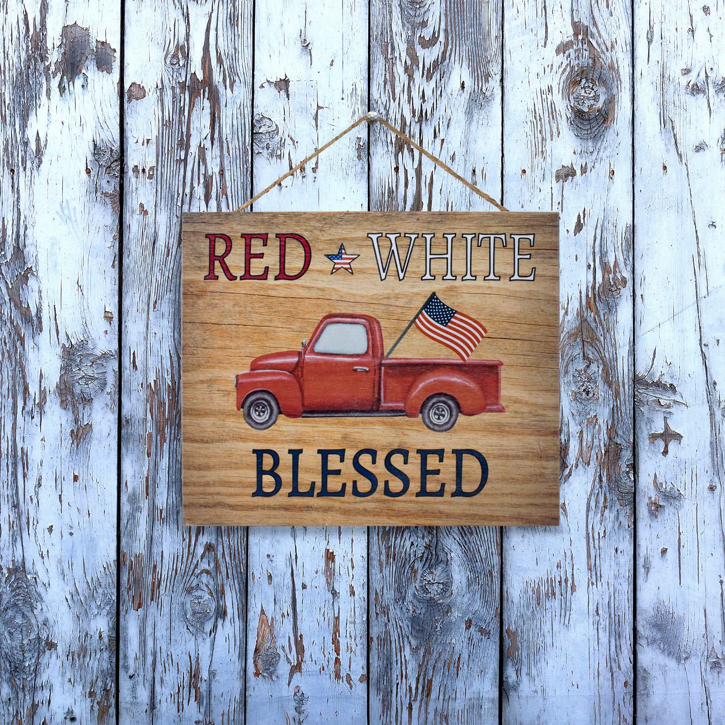 JennyGems - Red White and Blessed - Wooden Patriotic Sign - Red Truck Decor - 4th of July Plaque - Farmhouse Modern Decor - Wood Sign - Made in USA