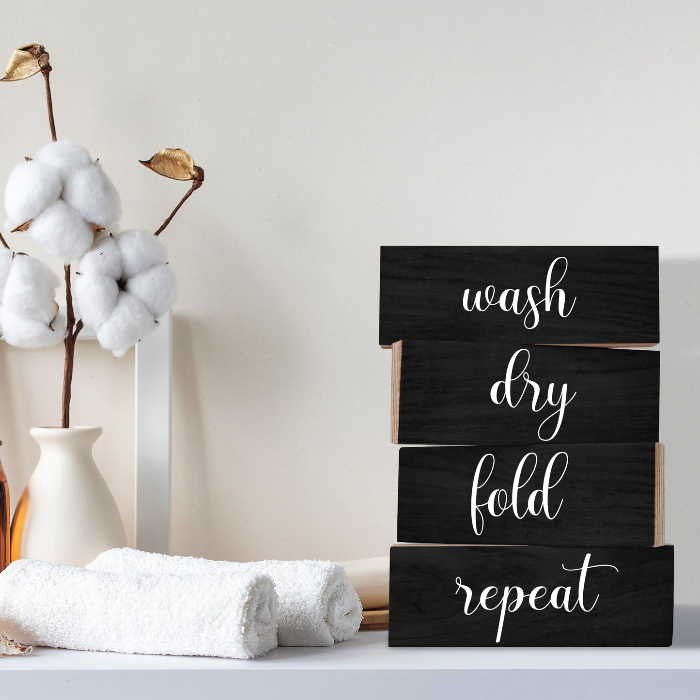 JennyGems Laundry Signs, Wash Dry Fold Repeat Set Of 4 Wooden Blocks, Farmhouse Laundry Room Decor, Made in USA