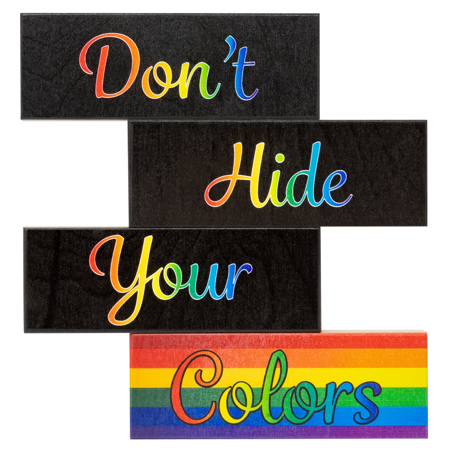 JennyGems LGBT Gifts, Don't Hide Your Colors 4 Piece Wooden Block Set, Pride Rainbow Tiered Tray Decor, LGBTQ Flag, Gay Pride Signs, Made in USA