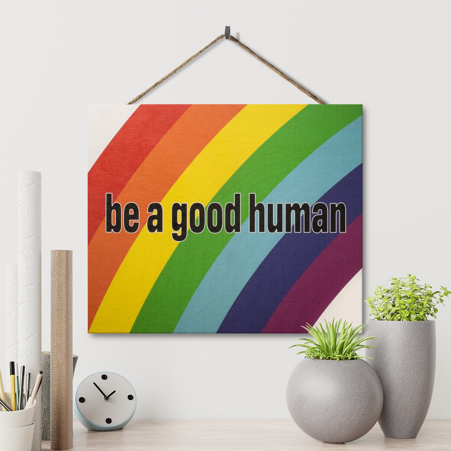 JennyGems Be a Good Human, Rainbow Pride Decorations, Gay Pride Sign, Welcome Hanging Sign Gay LGBT LGBTQ Pride, 10x12 Inch Wood Sign, Inclusive, Gay and Lesbian Gifts, Love is Love