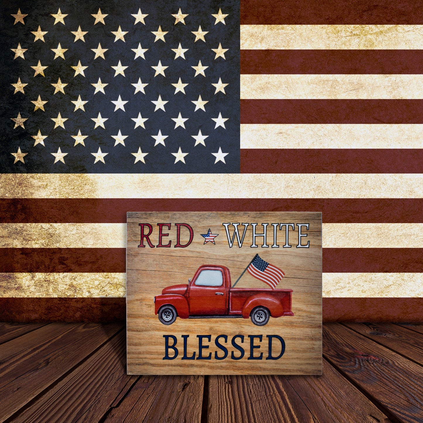 JennyGems - Red White and Blessed - Wooden Patriotic Sign - Red Truck Decor - 4th of July Plaque - Farmhouse Modern Decor - Wood Sign - Made in USA