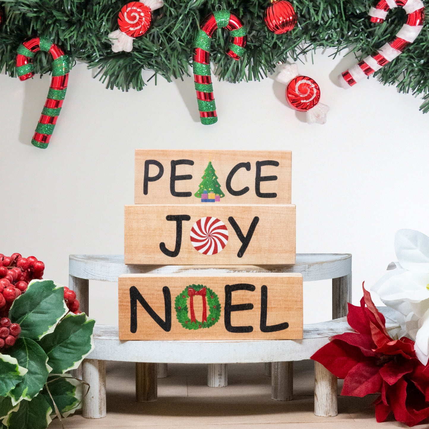 JennyGems Farmhouse Christmas Decor, Peace Joy Noel Wood Block Signs 3pc, Christmas Tiered Tray Decor, Holiday Decor, Made in USA