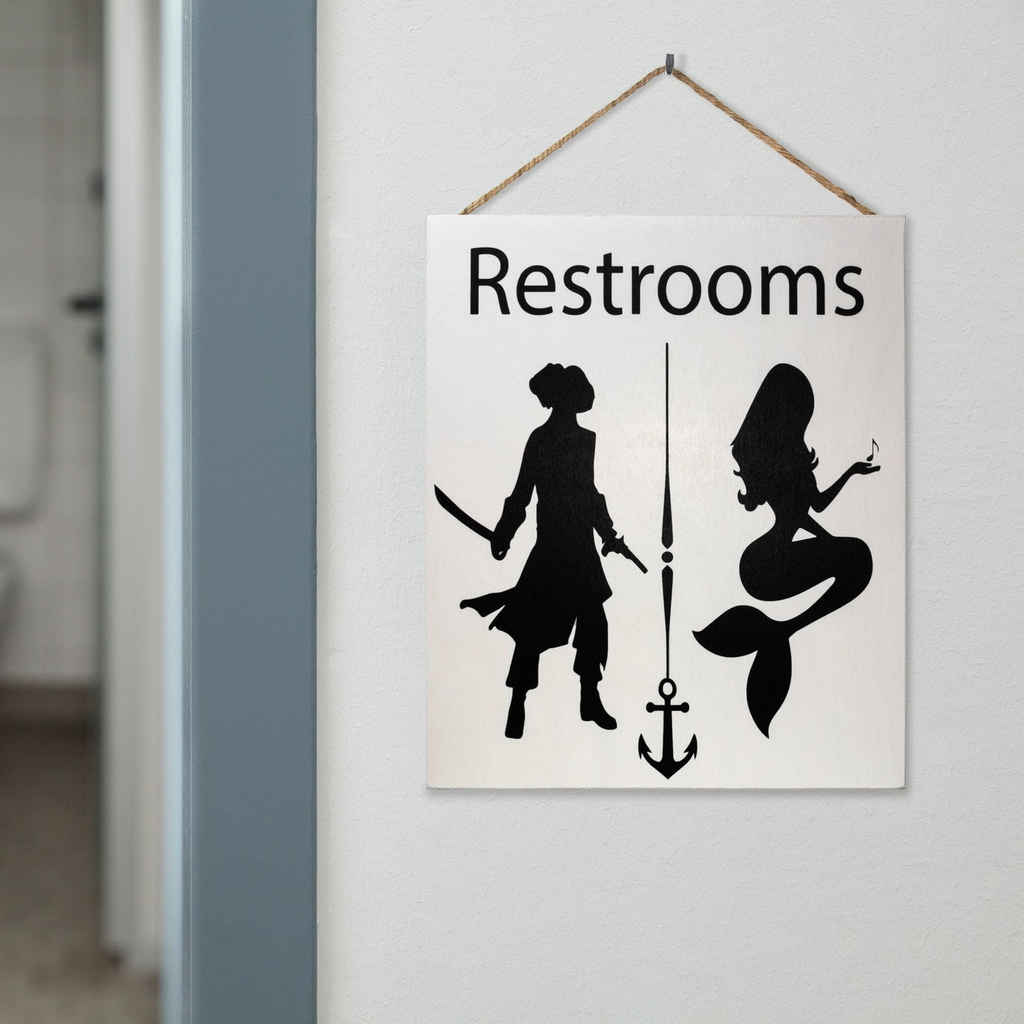 JennyGems Restrooms Sign, Pirates and Mermaids, 10x12 inches, Unisex Bathroom Sign, Restroom Decor, Funny Bathroom Signs, Beach Bathroom Wall Art, American Made