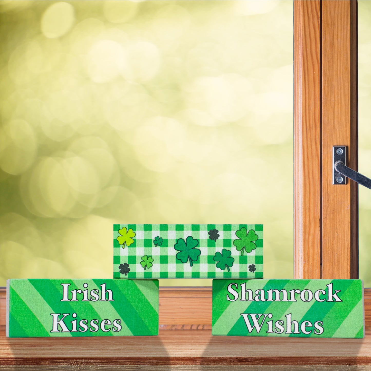 JennyGems St Patricks Day Decorations, Irish Kisses Shamrock Wishes, St Patricks Day Tiered Tray Decor, 3 Piece Wooden Block Set, Irish Gifts