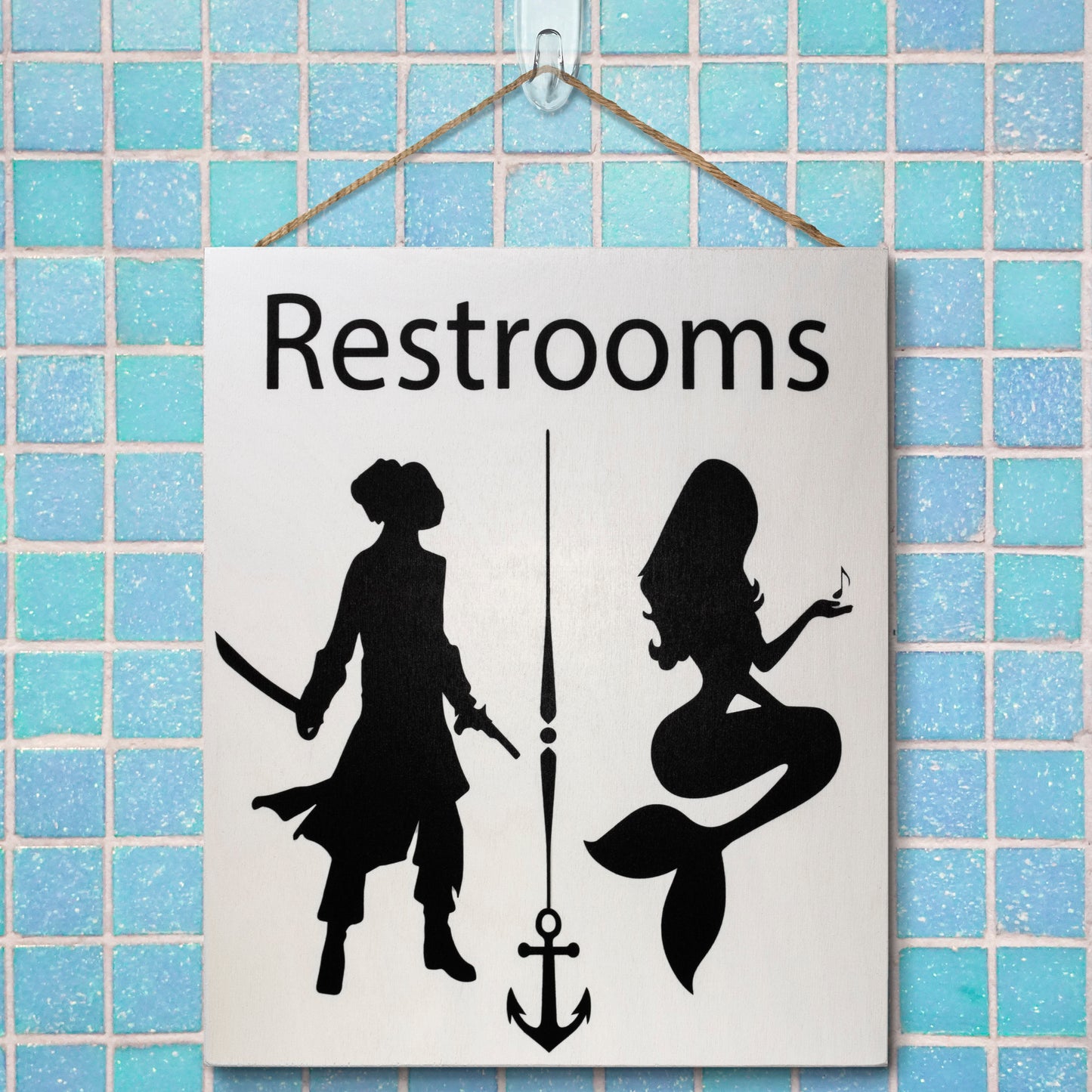 JennyGems Restrooms Sign, Pirates and Mermaids, 10x12 inches, Unisex Bathroom Sign, Restroom Decor, Funny Bathroom Signs, Beach Bathroom Wall Art, American Made