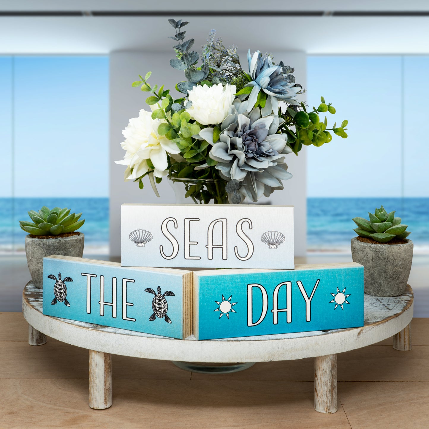 Seas the Day Coastal Wood Block Set – 3-Piece Beach Decor, Nautical Home Accent for Shelf, Desk, or Table