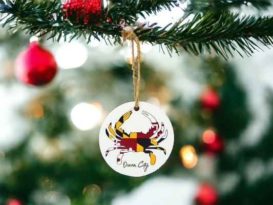 Ocean City Maryland Christmas Ornament, Wooden Maryland Ornament with Hanging String, Maryland Crab, Maryland Flag, OCMD