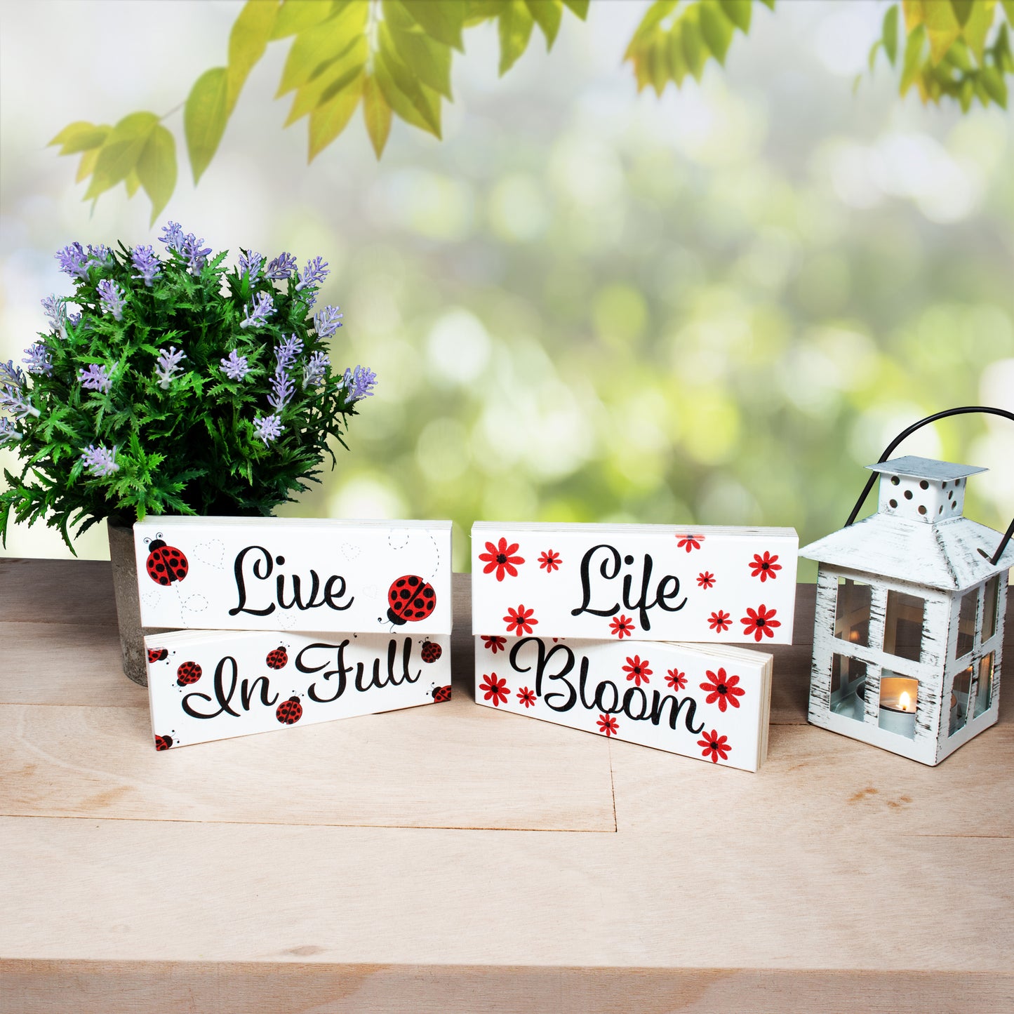 JennyGems Spring Decor Farmhouse Signs, Ladybug Tiered Tray and Tabletop Centerpiece Shelf or Mantel Decorations for Spring, Made in USA