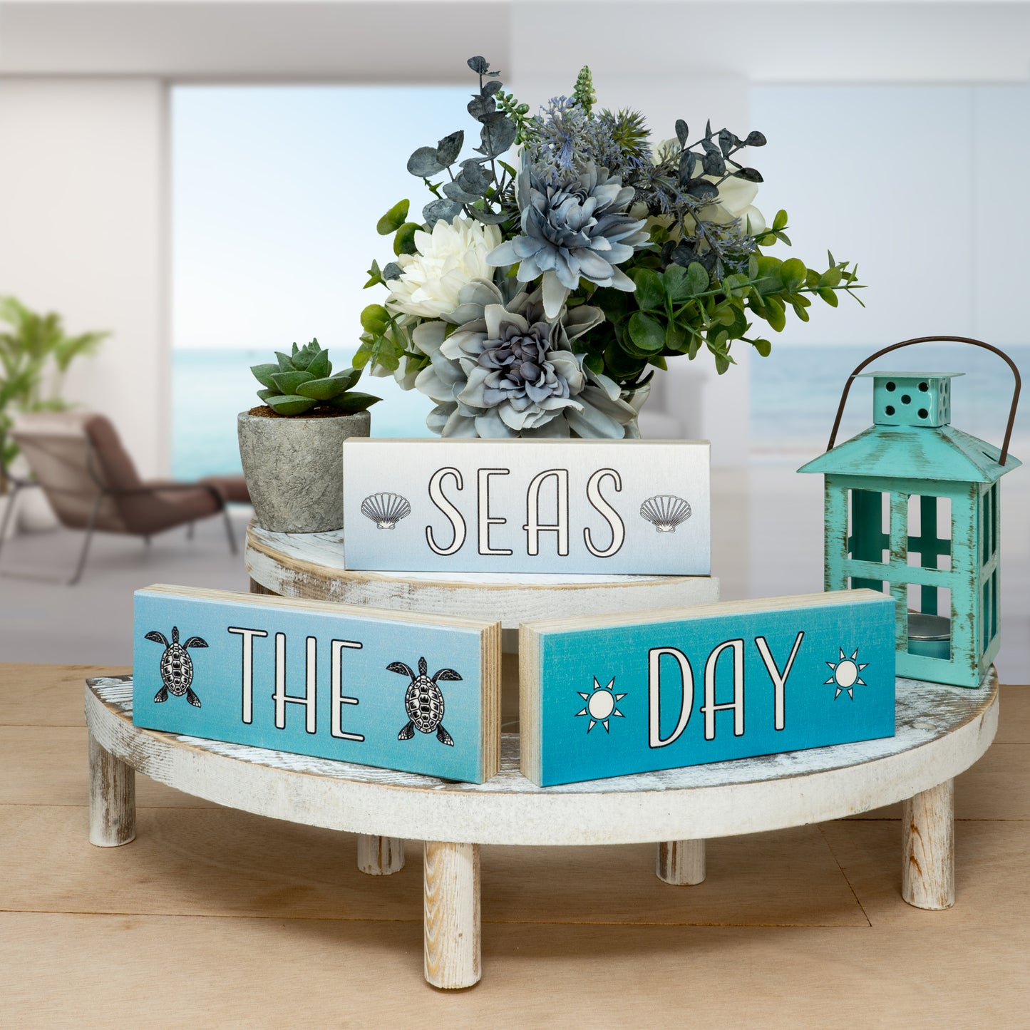 Seas the Day Coastal Wood Block Set – 3-Piece Beach Decor, Nautical Home Accent for Shelf, Desk, or Table